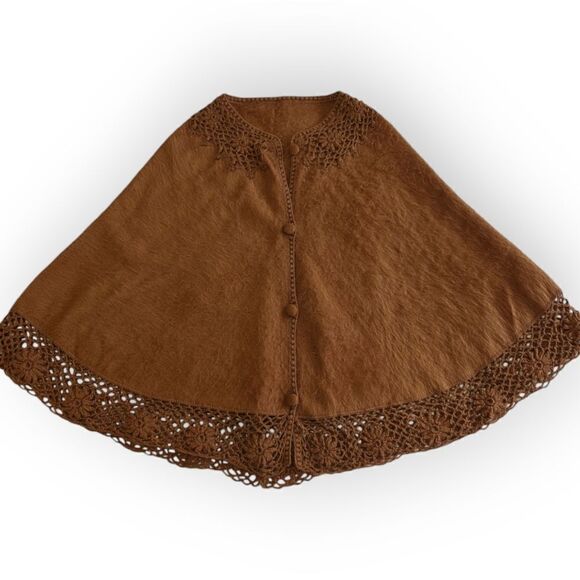 PERU 100% ALPACA CAPCHATEX caramel lace button front poncho L - Picture 4 of 7